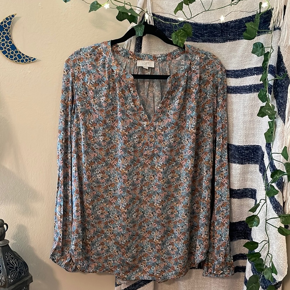 Lightweight, multi-colored floral print v-neck blouse from Loft